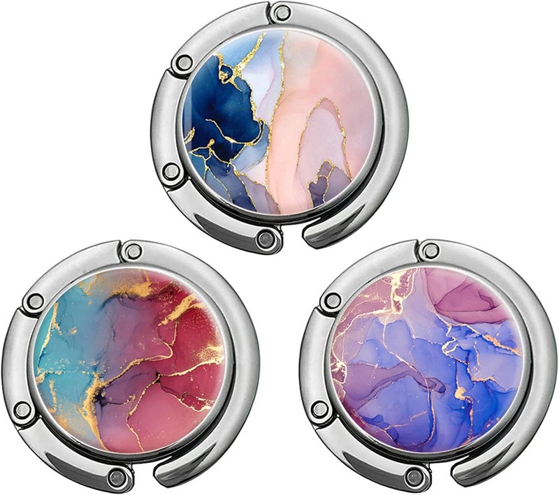 ZHENBAOLAI Foldable Purse Hook, Folding Handbag Hanger Bag Hanger Table Hook for Girls and Women（002-3P Pretty Marble） - Image 1